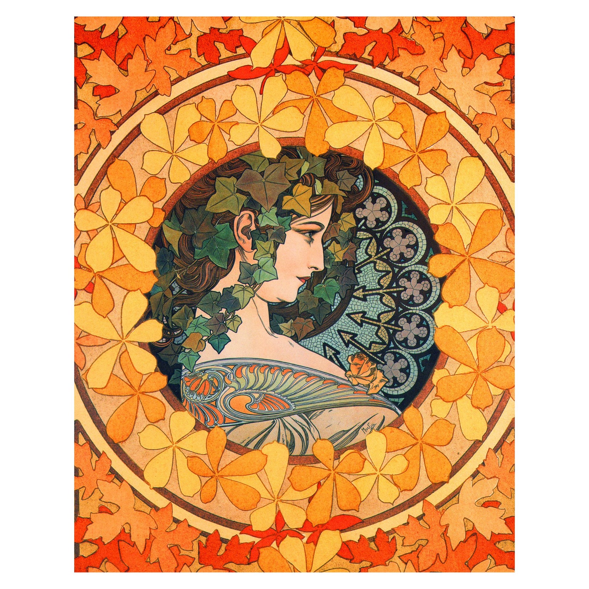 Art Nouveau illustration of a woman in profile surrounded by autumn leaves in a circular frame. Ornate details, warm gold, orange and brown hues. Vintage poster style, reminiscent of Alphonse Mucha.