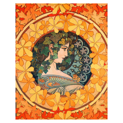 Art Nouveau illustration of a woman in profile surrounded by autumn leaves in a circular frame. Ornate details, warm gold, orange and brown hues. Vintage poster style, reminiscent of Alphonse Mucha.