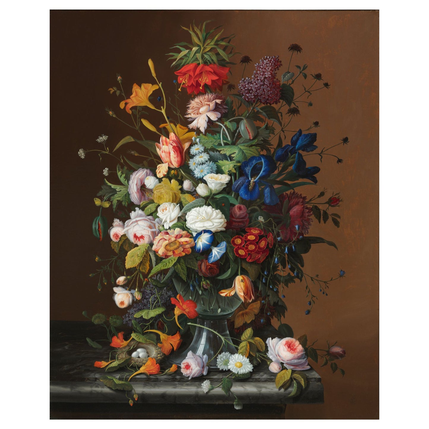 Dutch Golden Age style flower still life painting with roses, tulips, iris and a bird's nest on a marble tabletop.  Vibrant, detailed floral bouquet in a glass vase.  Severin Roesen style wooden puzzle