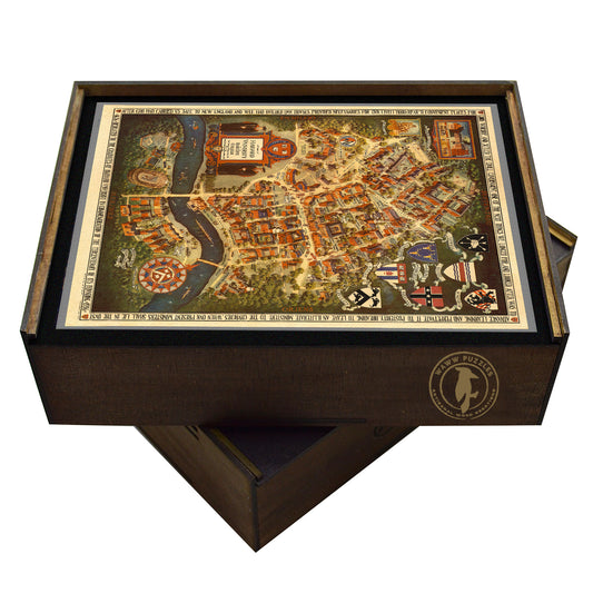 Vintage Harvard University map wooden jigsaw puzzle.  1936 Tercentenary edition featuring campus buildings, Radcliffe College, and historical details.  Intricate cuts, handcrafted puzzle.