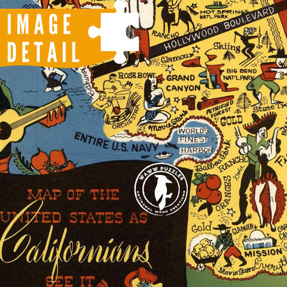 Vintage Humorous Map "How Californians See the USA" | Wooden Jigsaw Puzzle | California