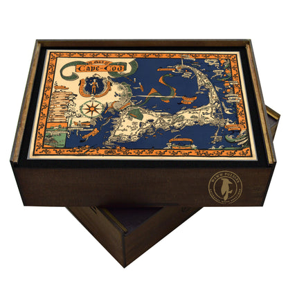 Collectible wooden puzzle of a vintage pictorial map of Cape Cod showcasing landmarks, natural wonders, cultural elements, and historical references. Illustrated cartography highlighting the state's diverse attractions and heritage