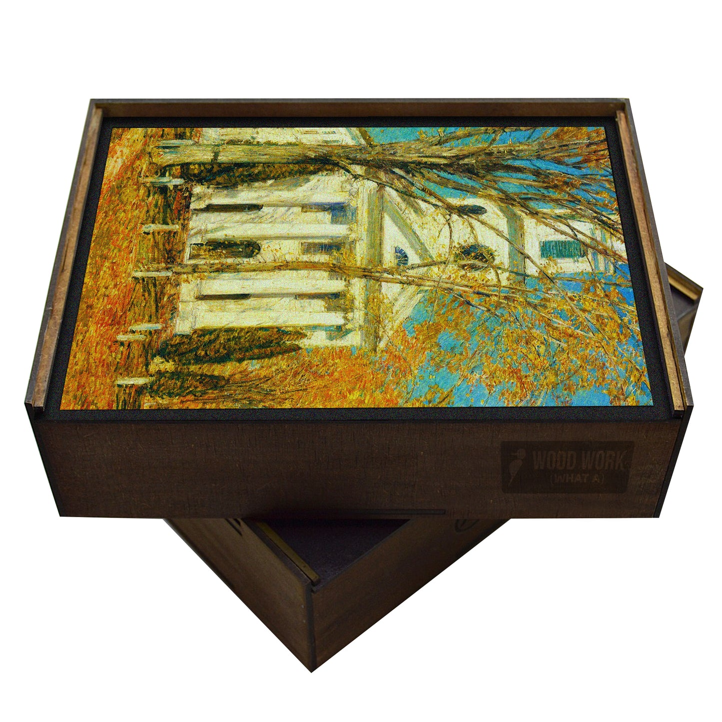 Handcrafted wooden puzzle featuring Childe Hassam's "Church at Old Lyme." Impressionist painting of a white church with autumn leaves in New England. Vibrant colors, intricate details. Collectible art puzzle.