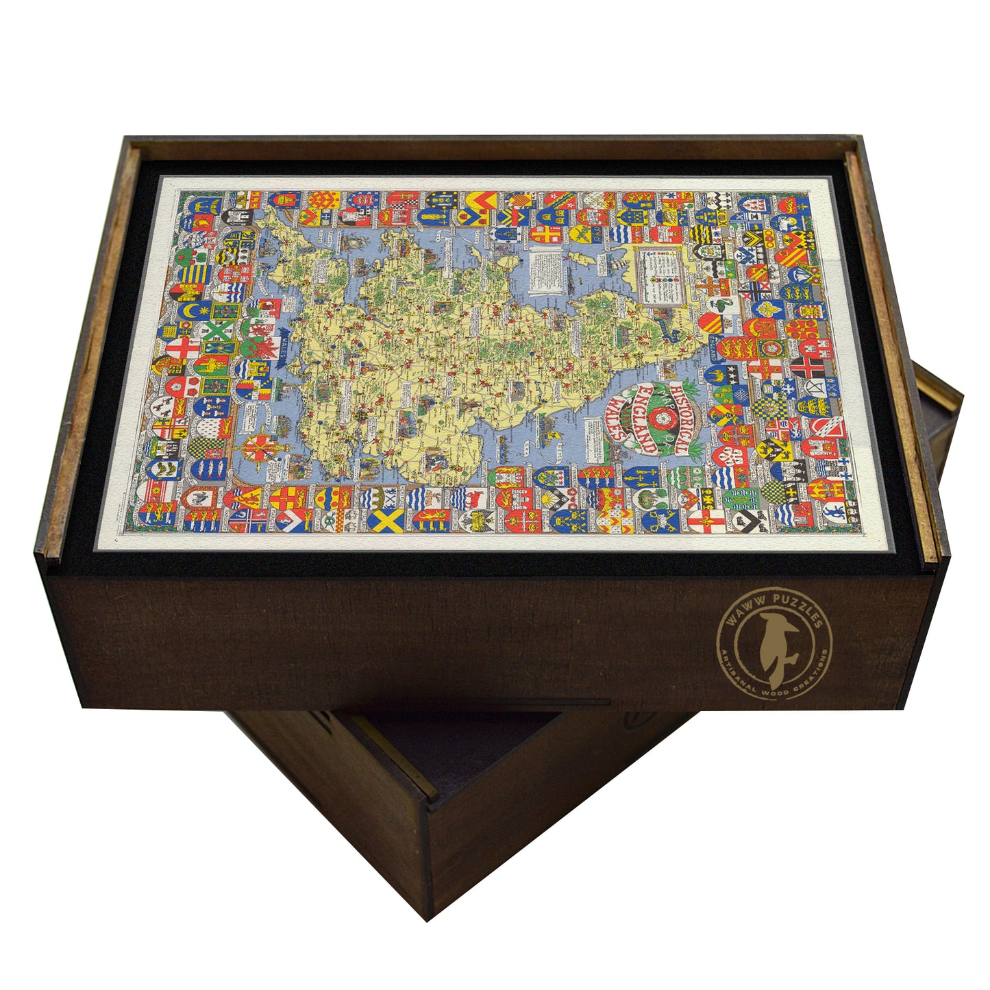 Vintage map of England & Wales wooden jigsaw puzzle. Features historical cartography, heraldic coats of arms, and a medieval theme. Intricate cuts, colorful design. Handcrafted puzzle.