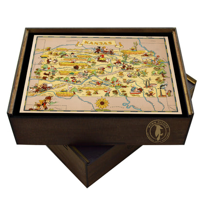 Collectible wooden puzzle of a vintage pictorial map of Kansas showcasing landmarks, natural wonders, cultural elements, and historical references. Illustrated cartography highlighting the state's diverse attractions and heritage