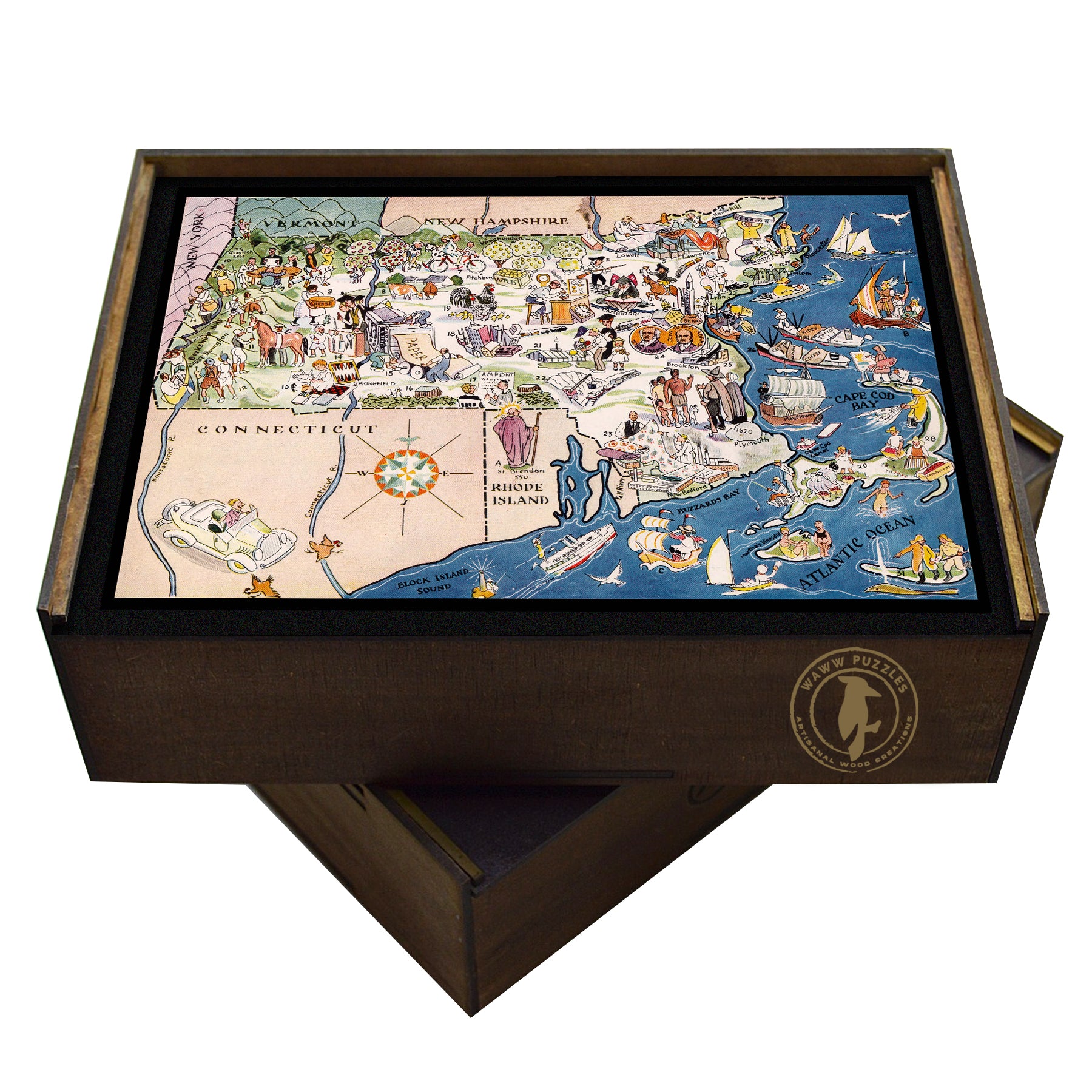 Illustrated map of New England with cities and towns wooden jigsaw puzzle