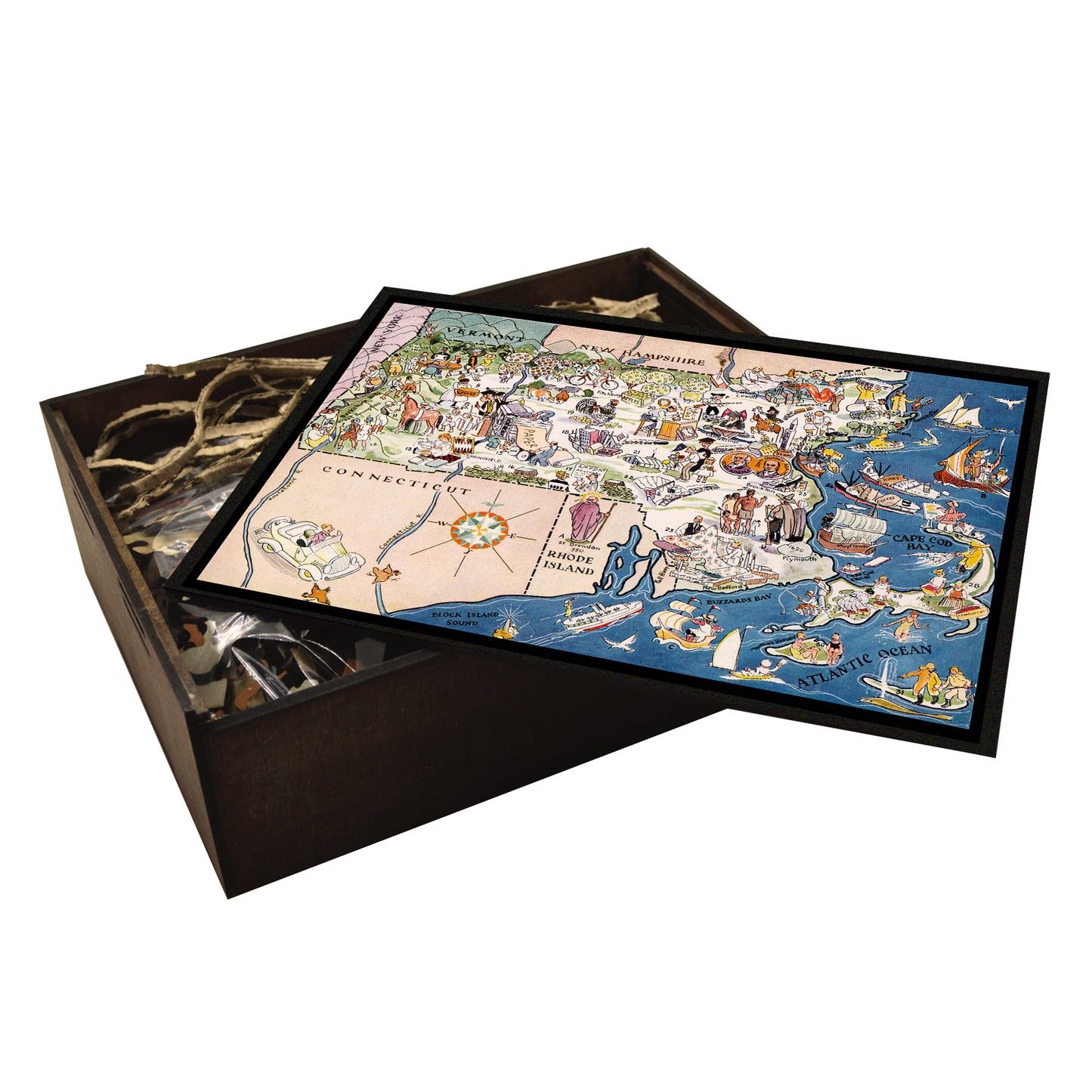 Vintage Map of Massachusetts - Historical Map Wooden Jigsaw Puzzle, Perfect for History Buffs!