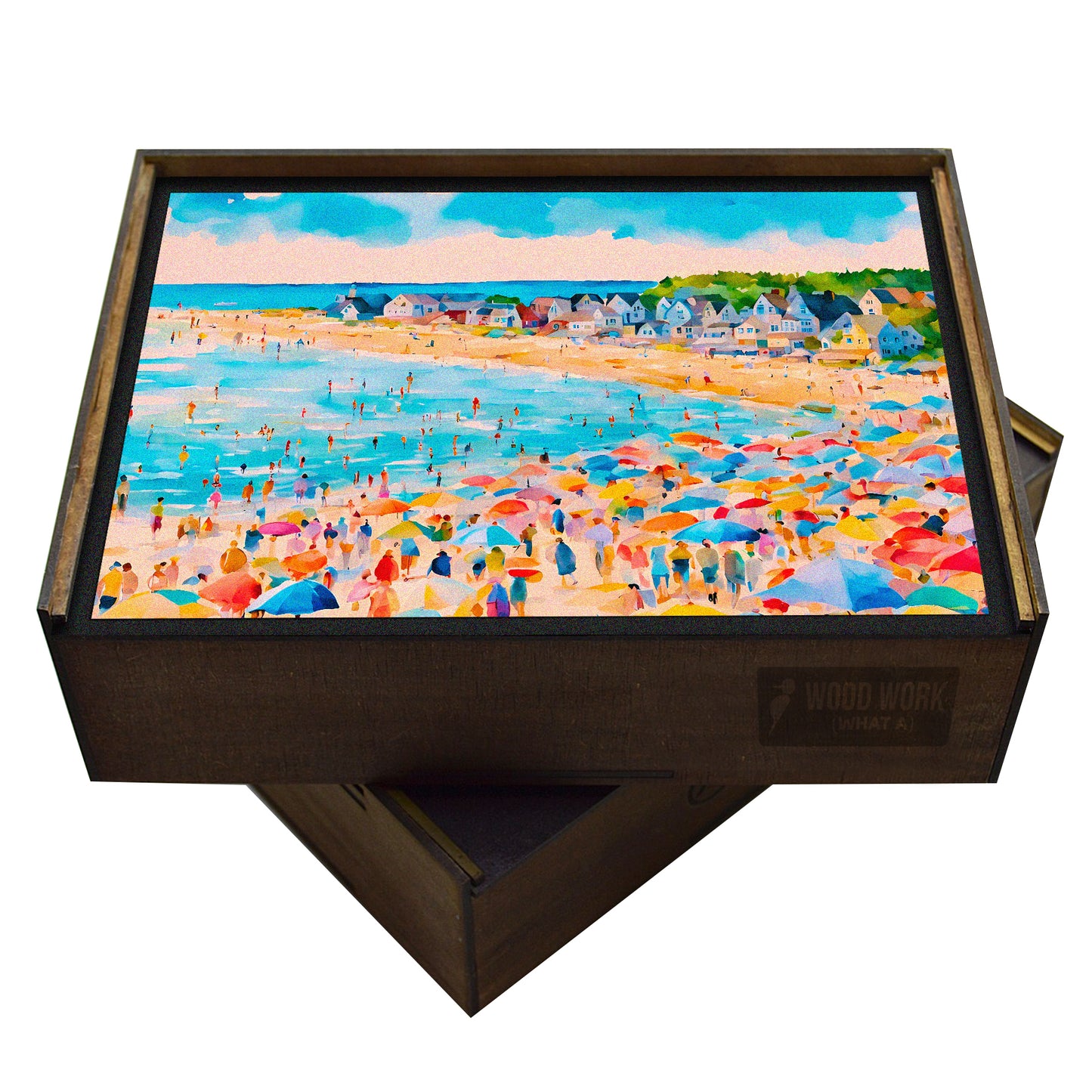 Lively beach scene with colorful umbrellas, people enjoying the sand and ocean, and a charming coastal town in the background - perfect for summer vibes and vacation inspiration. Handcrafted wooden puzzle.