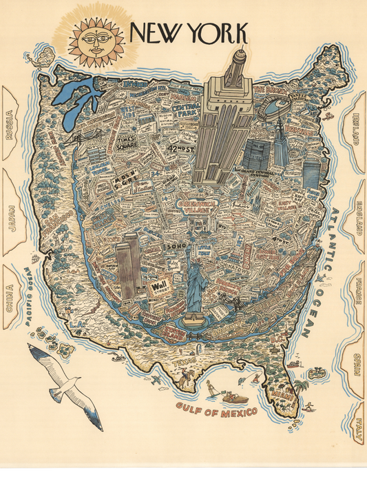 Collectible wooden puzzle of a vintage pictorial map of New York City, ingeniously shaped like the United States