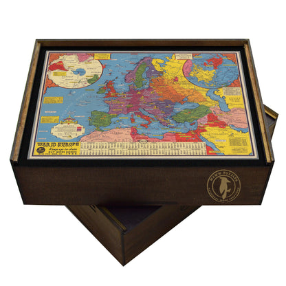 Collectible wooden puzzle of a vintage pictorial map of a WWII pictorial map from 1944 showing Allied and Axis territories, global conflict, and war effort. Historical artifact and vintage poster.