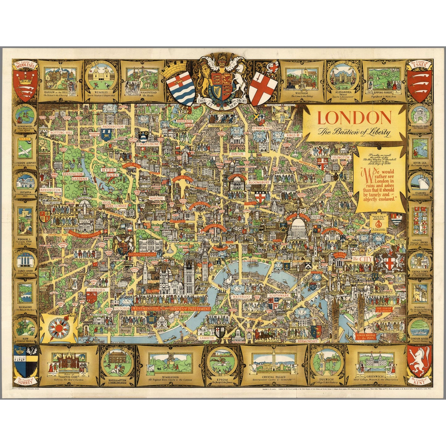 Collectible wooden puzzle of a vintage pictorial map of London featuring Tower of London, Buckingham Palace, Westminster Abbey, and historical imagery. Retro style art print for travel and home decor. 