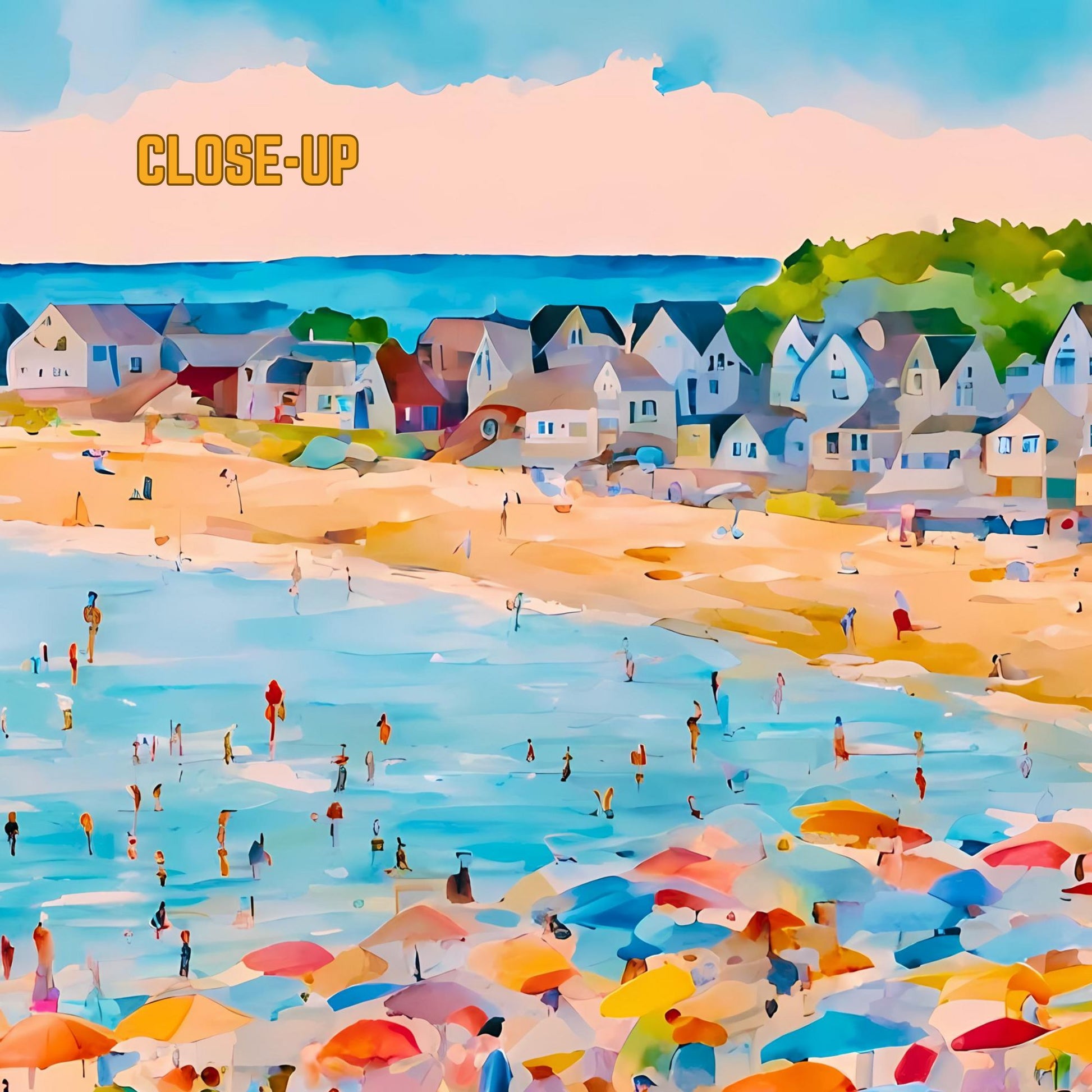 Lively beach scene with colorful umbrellas, people enjoying the sand and ocean, and a charming coastal town in the background - perfect for summer vibes and vacation inspiration. Handcrafted wooden puzzle.