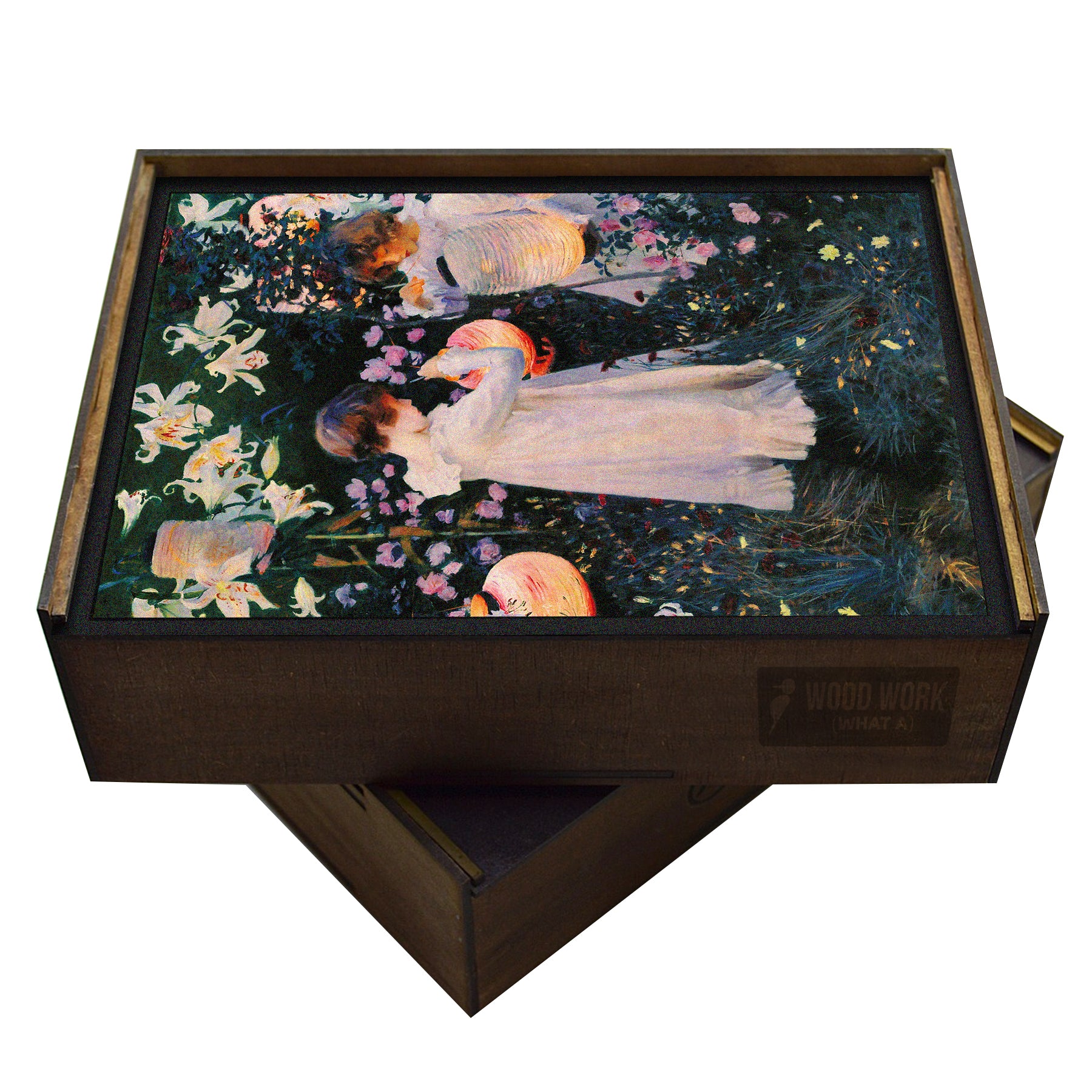 Handcrafted wooden puzzle featuring a serene garden scene with two children in white dresses lighting lanterns among vibrant lilies and roses. John Singer Sargent's work.