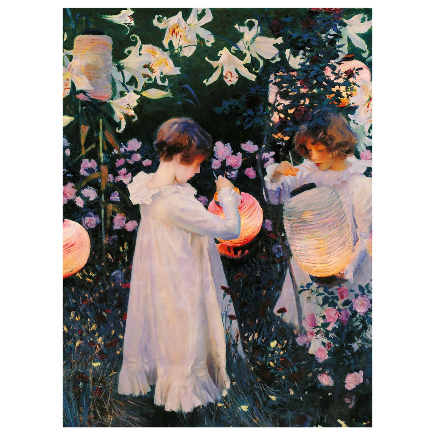 Handcrafted wooden puzzle featuring a serene garden scene with two children in white dresses lighting lanterns among vibrant lilies and roses