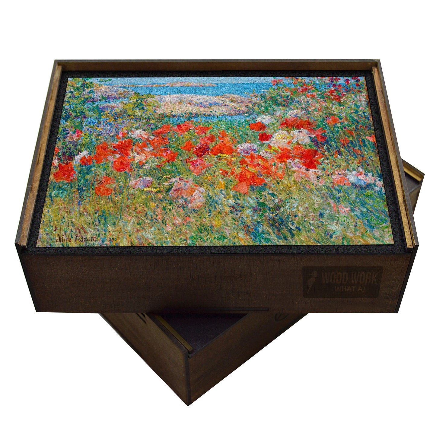 andcrafted wooden jigsaw puzzle featuring Childe Hassam's "Celia Thaxter's Garden, Isles of Shoals, Maine."  Impressionist painting of a vibrant poppy garden overlooking the ocean.  Collectible art puzzle.