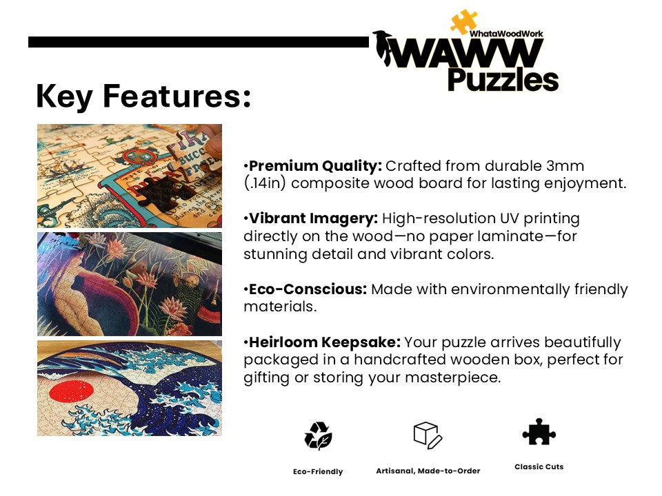 quality, vibrant colors, eco friendly, artisanal qualities of WAWW wooden jigsaw puzzles