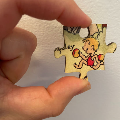 Handcrafted wooden puzzle piece. Detailed cartoon illustration.