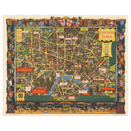 Collectible wooden puzzle of a vintage pictorial map of London featuring the Tower of London, Buckingham Palace, Westminster Abbey, and historical imagery. Retro style art print for travel and home decor.