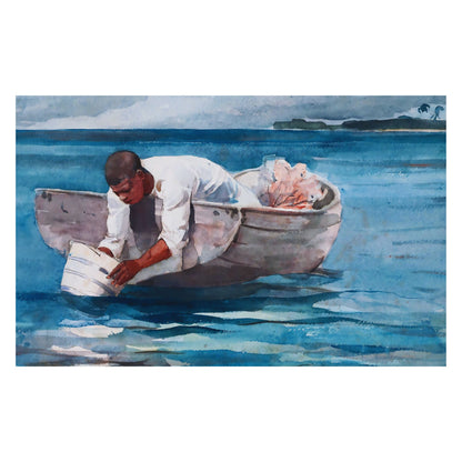 Painting: The Water Fan by Winslow Homer, an American watercolor seascape depicting a man in a small rowboat casting a net into shimmering ocean waves under a cloudy sky. Focus on the act of fishing and the beauty of the sea. Wooden Jigsaw.