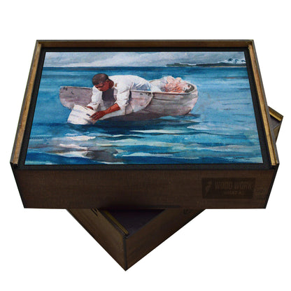 Handcrafted wooden puzzle featuring Winslow Homer's watercolor of a fisherman in a dory on a rough sea.  American realist painting of a maritime scene. Collectible art puzzle.