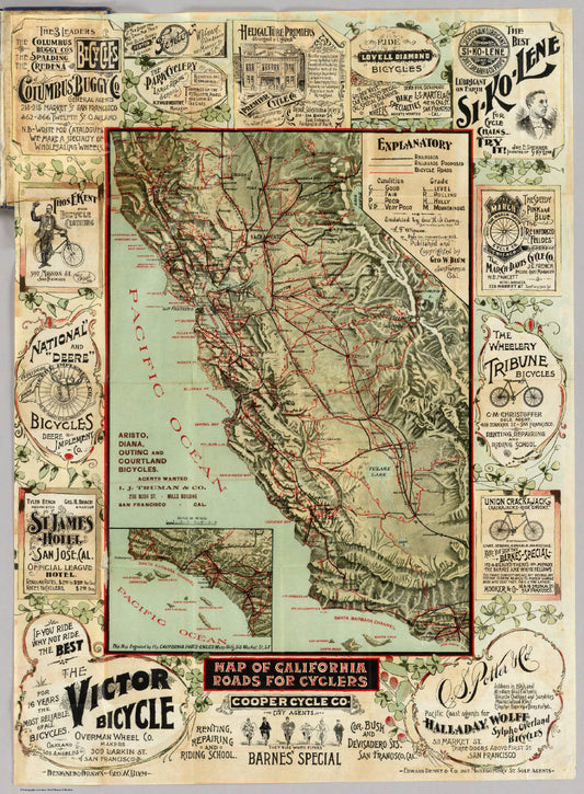 Collectible wooden puzzle of a vintage pictorial map of California for cyclists, featuring roads, trails, and landmarks. Retro style map for travel and adventure.