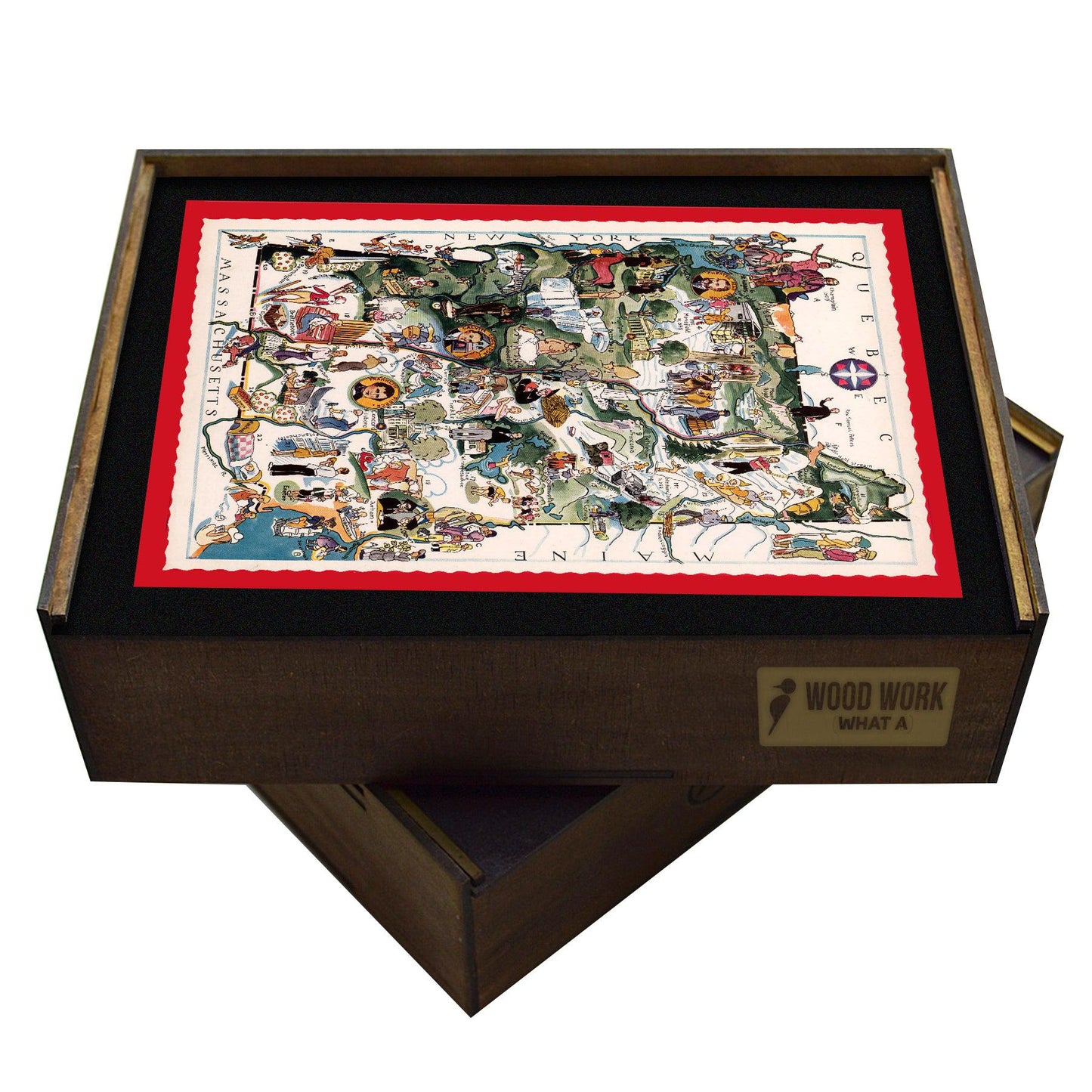 wooden jigsaw puzzle featuring a colorful vintage pictorial map of New Hampshire. The map illustrates towns, cities, mountains, rivers, lakes, and popular attractions throughout the state.