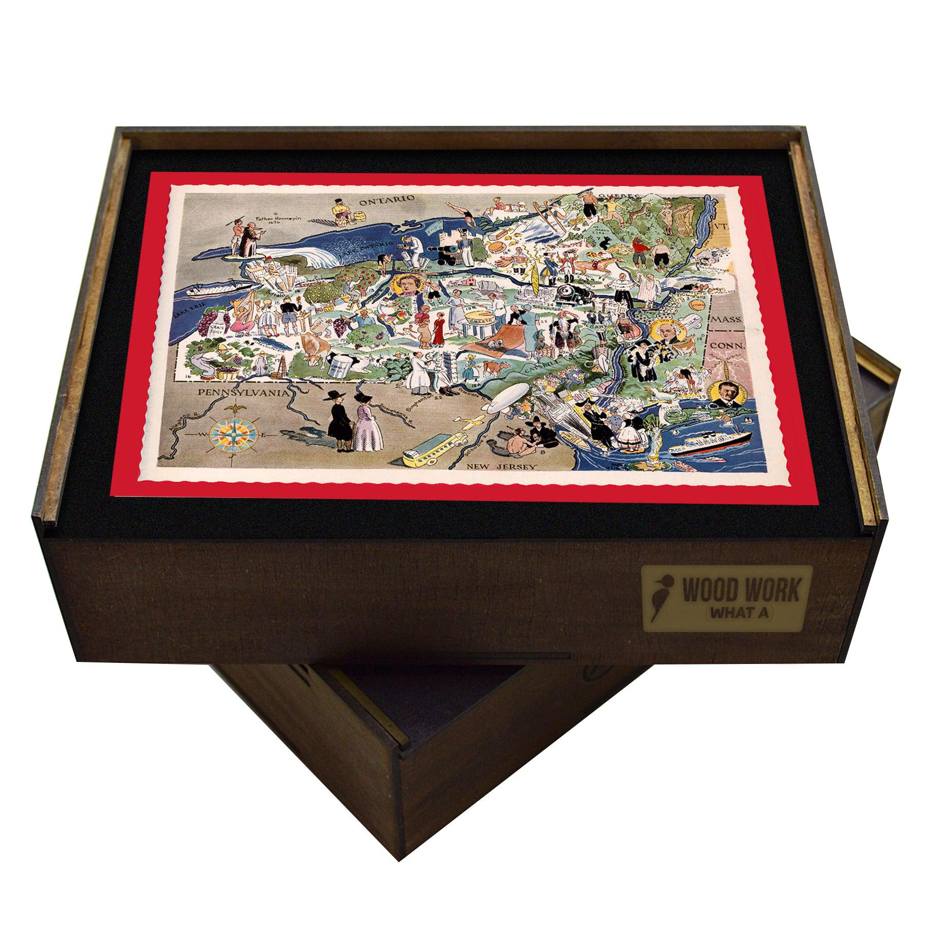 Handcrafted wooden jigsaw puzzle of a colorful vintage map of New York with illustrations of cities, landmarks, and historical figures.