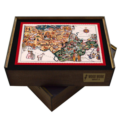 Collectible wooden puzzle of a vintage pictorial map of West Virginia and Ohio showcasing landmarks, natural wonders, cultural elements, and historical references. Illustrated cartography highlighting the state's diverse attractions and heritage.