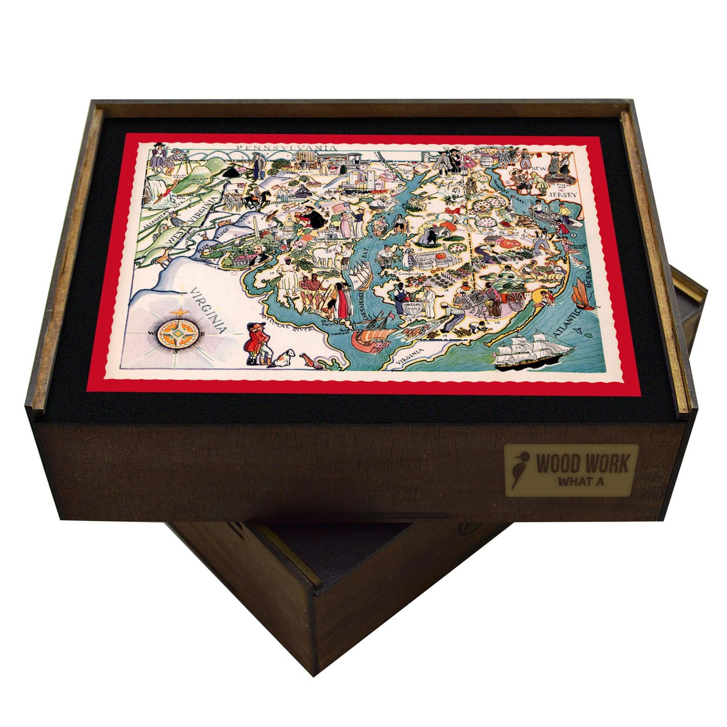 Collectible wooden puzzle of a vintage pictorial map of Washington, DC, Maryland and Delaware showcasing landmarks, natural wonders, cultural elements, and historical references. Illustrated cartography highlighting the state's diverse attractions and heritage.