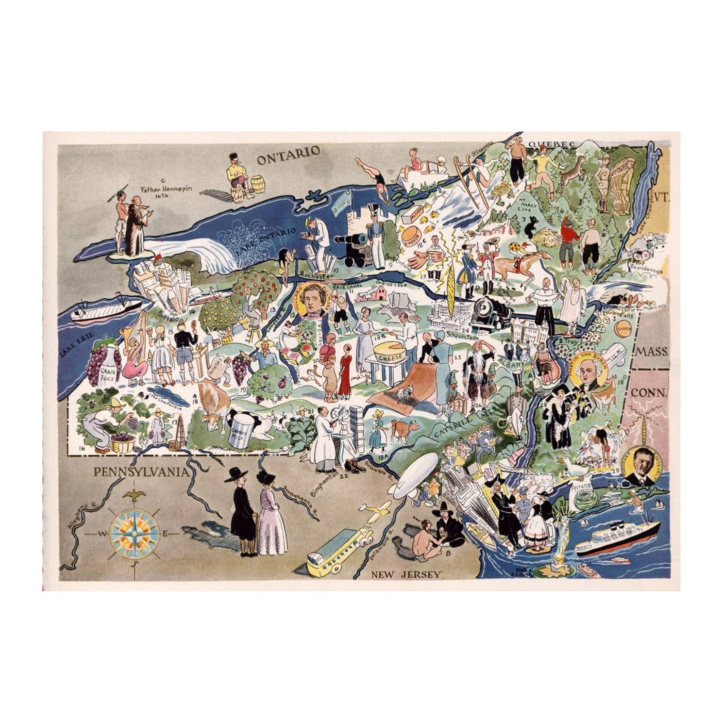 Handcrafted wooden jigsaw puzzle of a colorful vintage map of New York with illustrations of cities, landmarks, and historical figures.