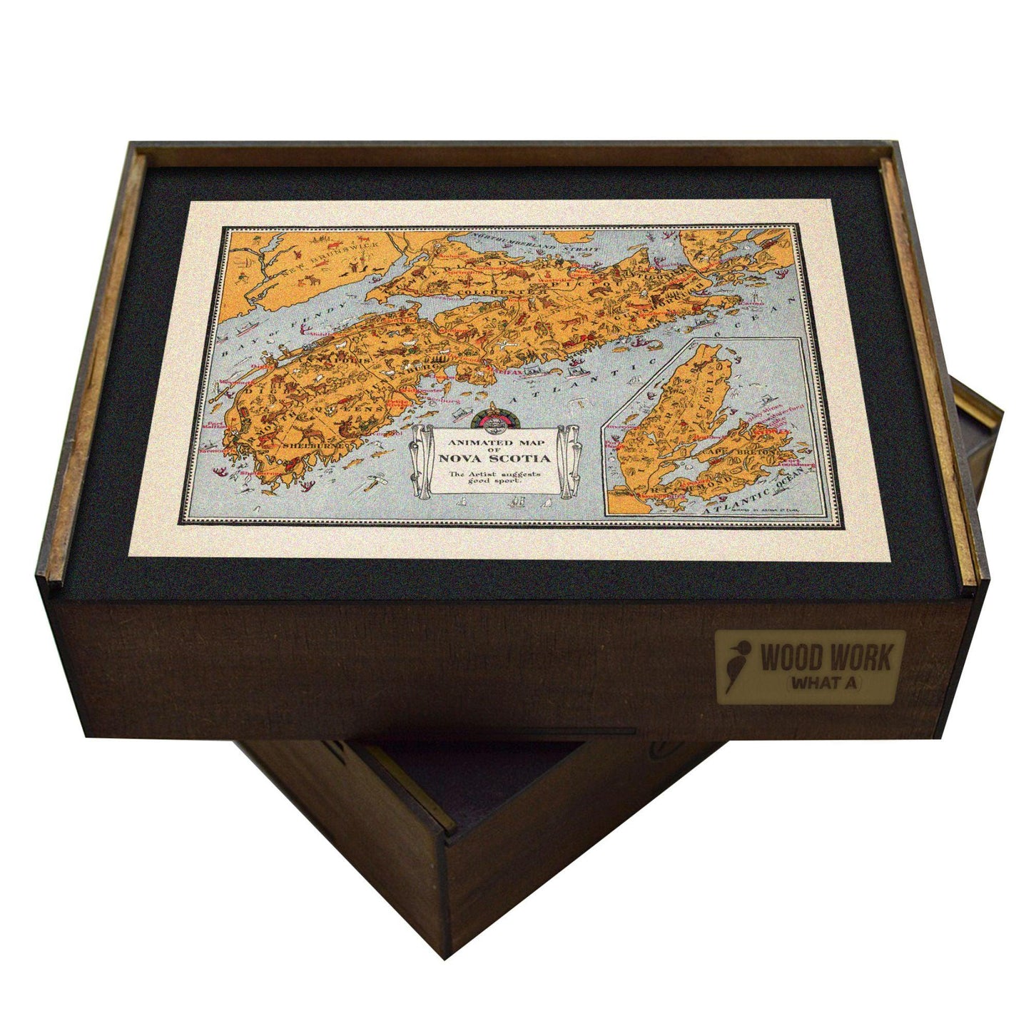 Collectible wooden puzzle of a vintage pictorial map of Nova Scotia.