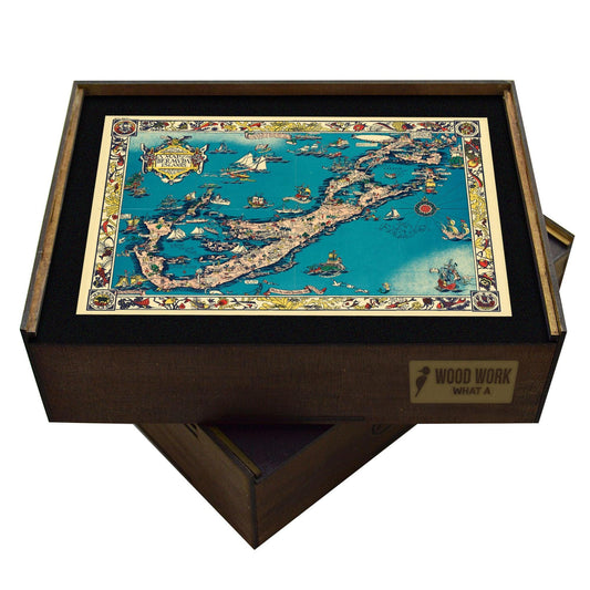 Collectible wooden puzzle of a vintage pictorial map of Bermuda featuring pink sand beaches, historic towns, sailing ships, and marine life. Retro style art print for travel and home decor.