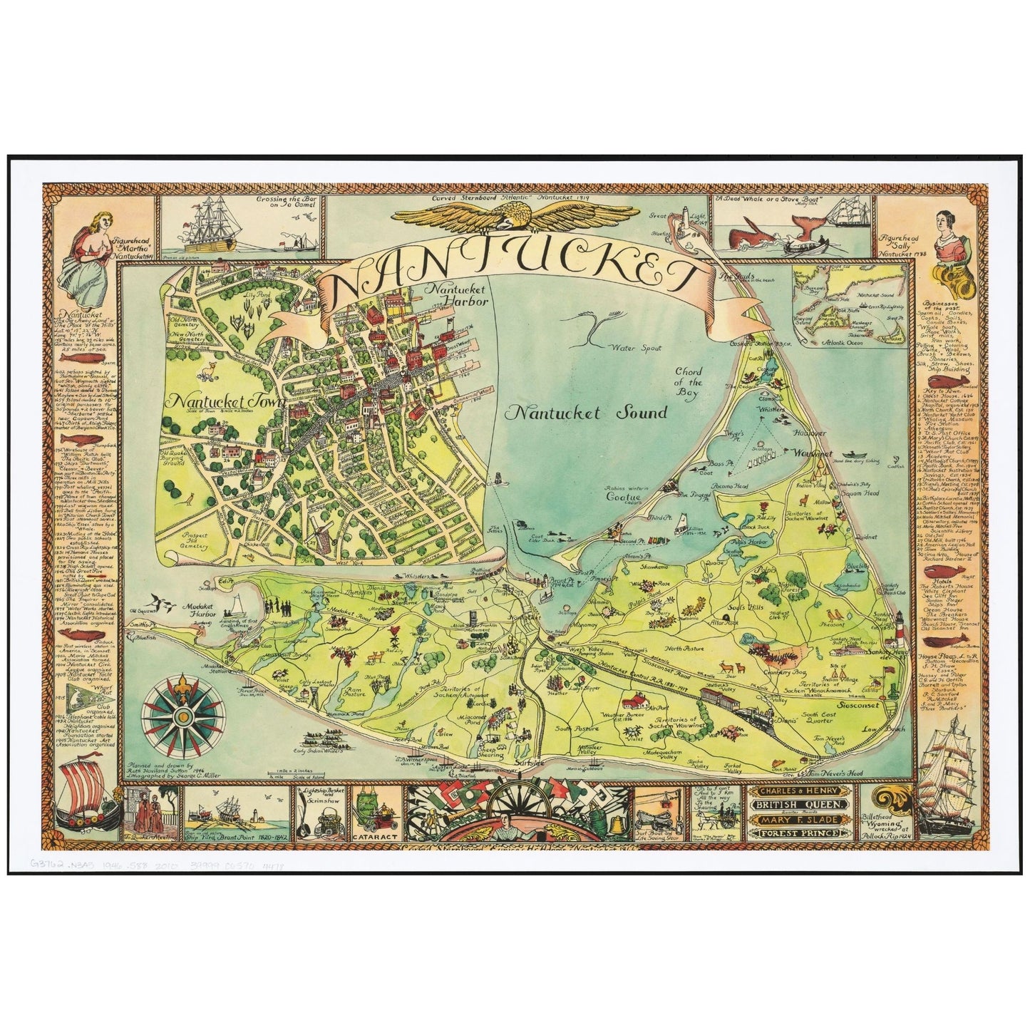 Handcrafted wooden jigsaw puzzle of a vintage pictorial map of Nantucket Island with colorful illustrations of landmarks, ships, and sea creatures.