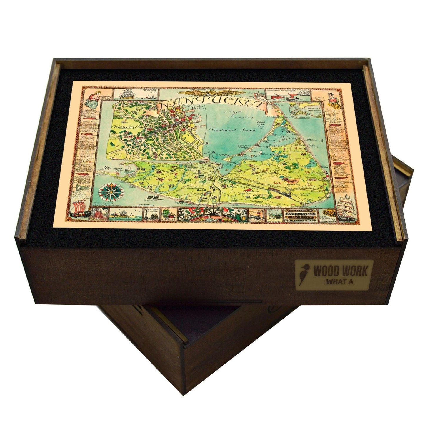 Handcrafted wooden jigsaw puzzle of a vintage pictorial map of Nantucket Island with colorful illustrations of landmarks, ships, and sea creatures.